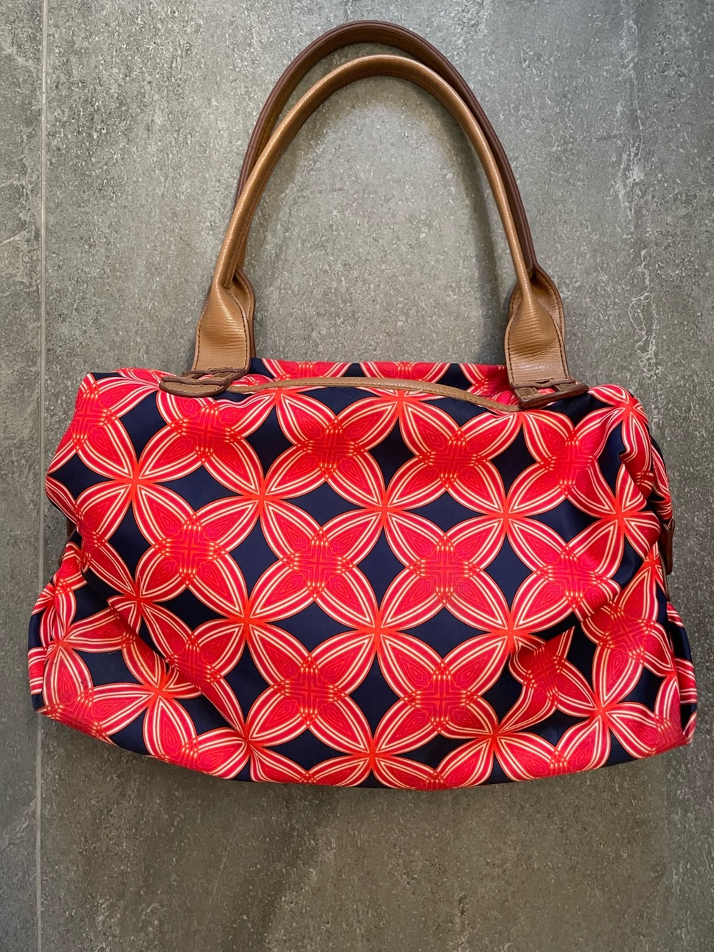 Stella & Dot Red Floral Geometric Shoulder Bag with Brown Handles